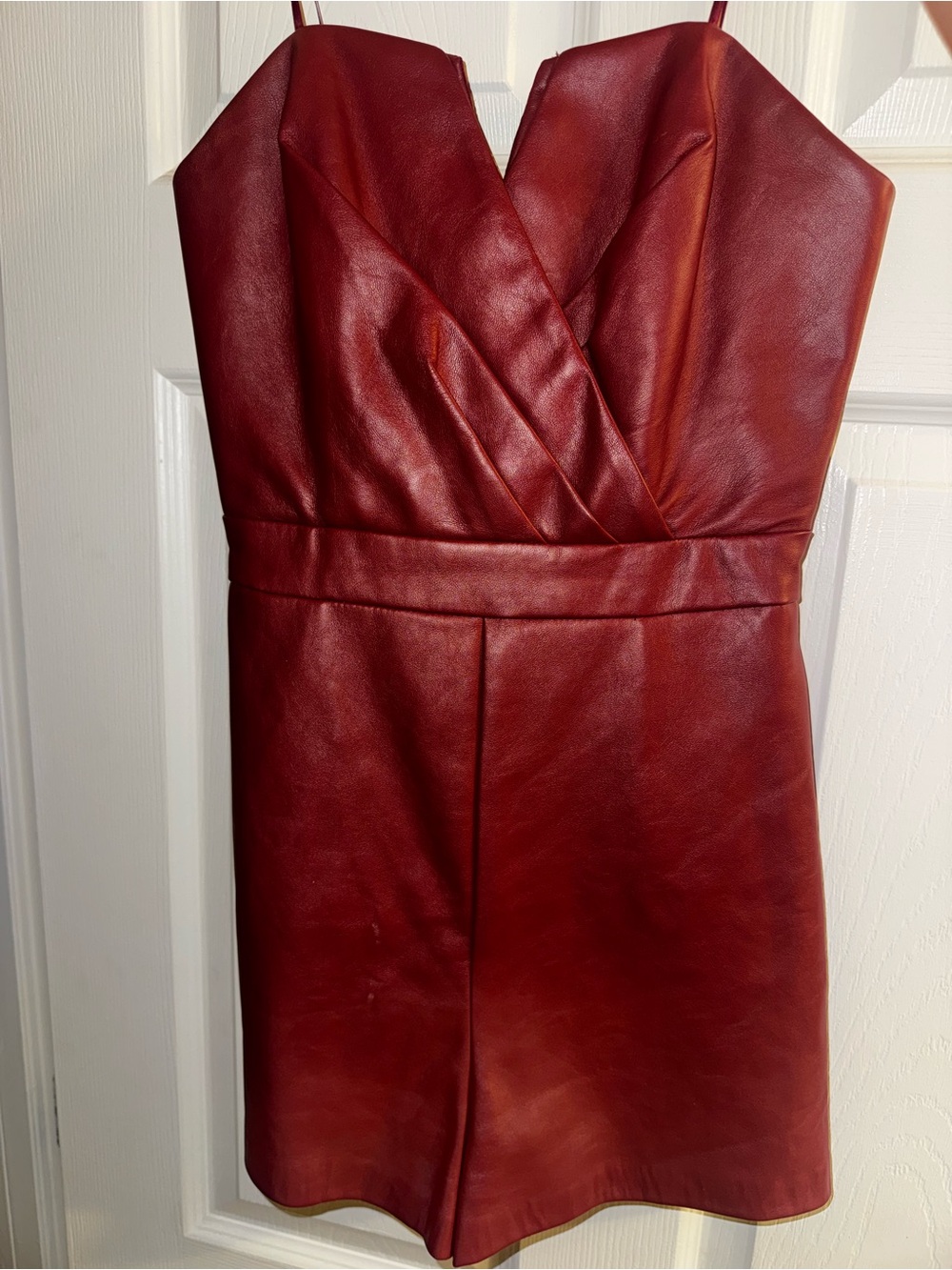 Red Faux Leather Strapless Romper
